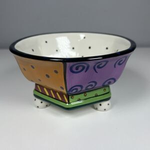 Studio Designworks 3 Footed Bowl Ceramic Polka Dots Swirls Stripes 6” - B